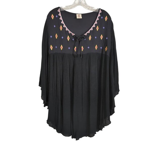 Gypsy‎ Rose Black Embroidered Poncho Top With Tie Neck Flowing Sleeves Boho sz M - Picture 1 of 11